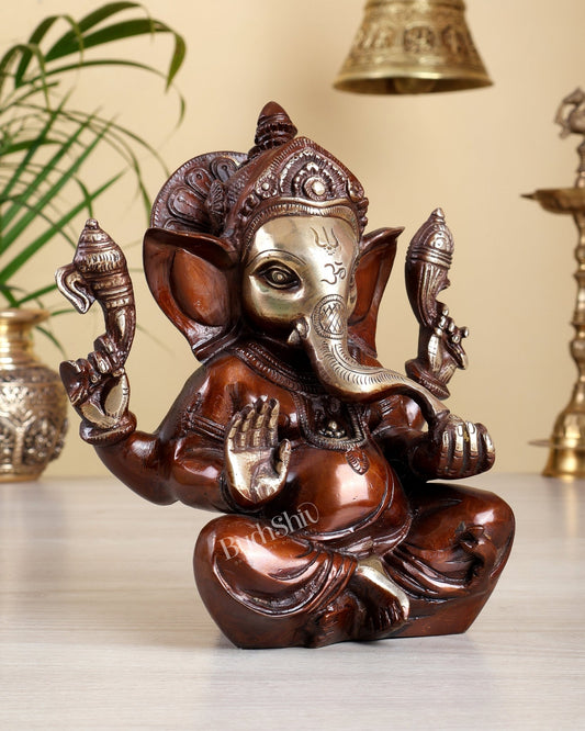 Brass Ganesha Idol with dual tone Sharp Features - 8 Inch - Budhshiv.com