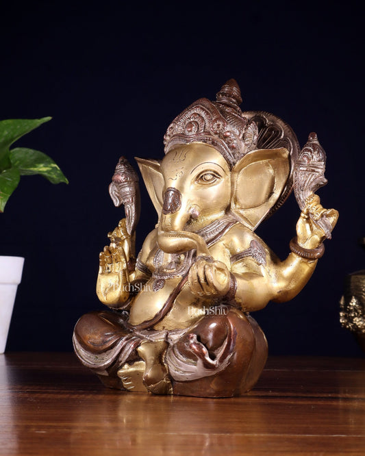 Brass Ganesha Idol with Sharp Features - 8 Inch three tone - Budhshiv.com