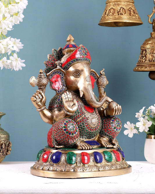 Brass Ganesha Idol with Stonework – Decorative Lord Ganesh Statue (14 Inches, 12 Kg) - Budhshiv.com