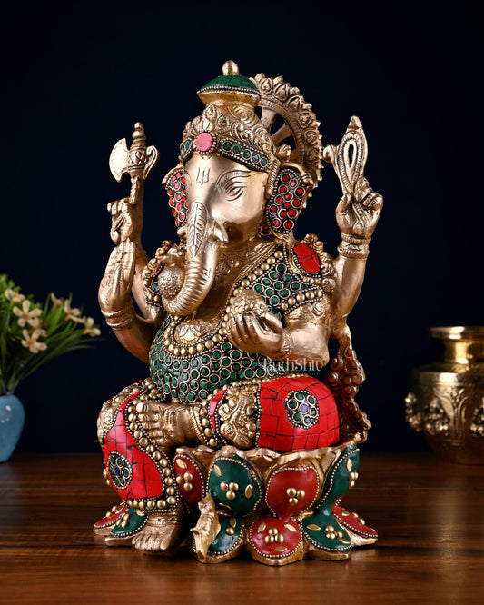 Brass Ganesha idol with trunk on right side 12 inch with stonework valampuri - Budhshiv.com