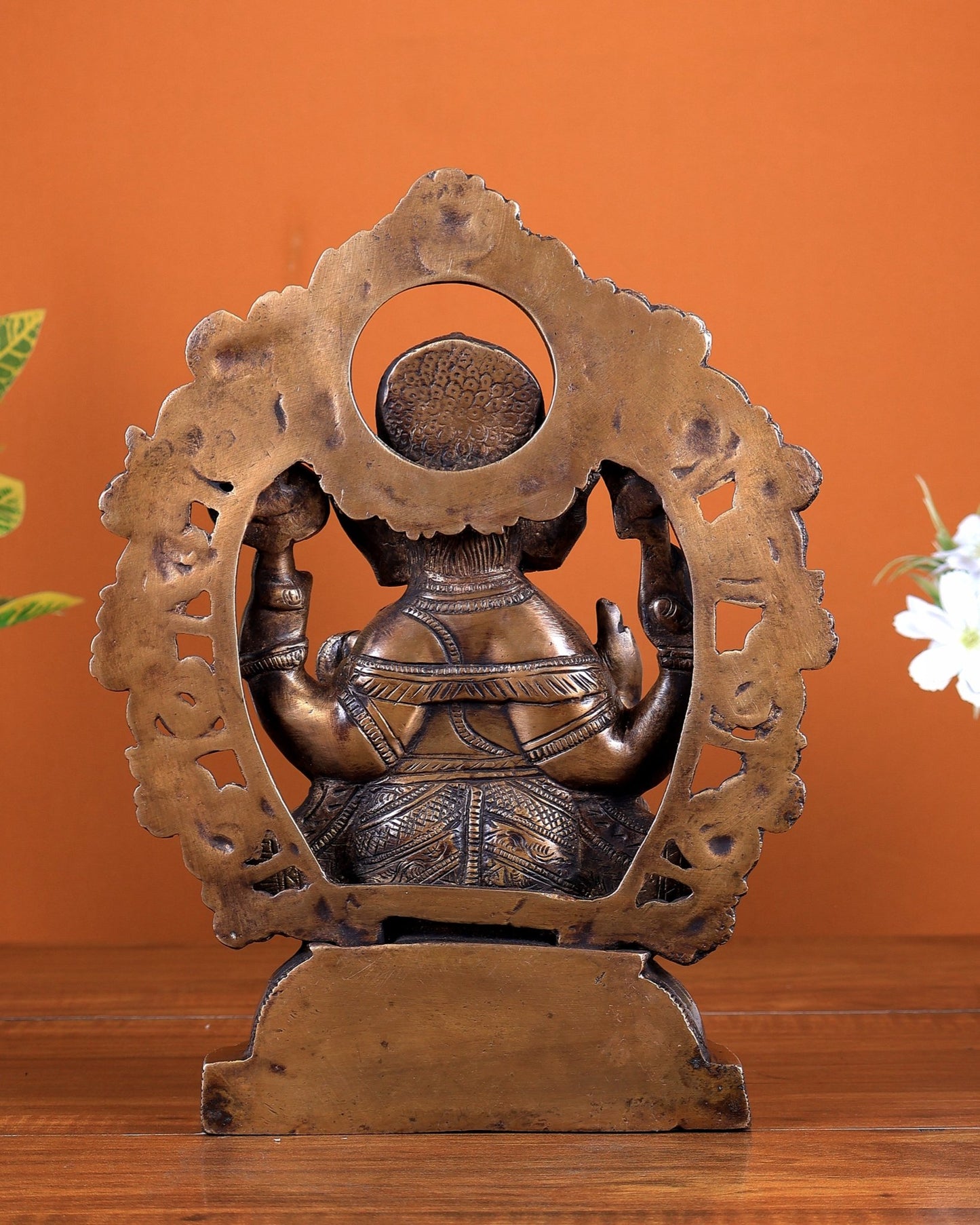 Brass Ganesha Idol with Unique Prabhavali – Antique Tone Finish 9.5 inch - Budhshiv.com