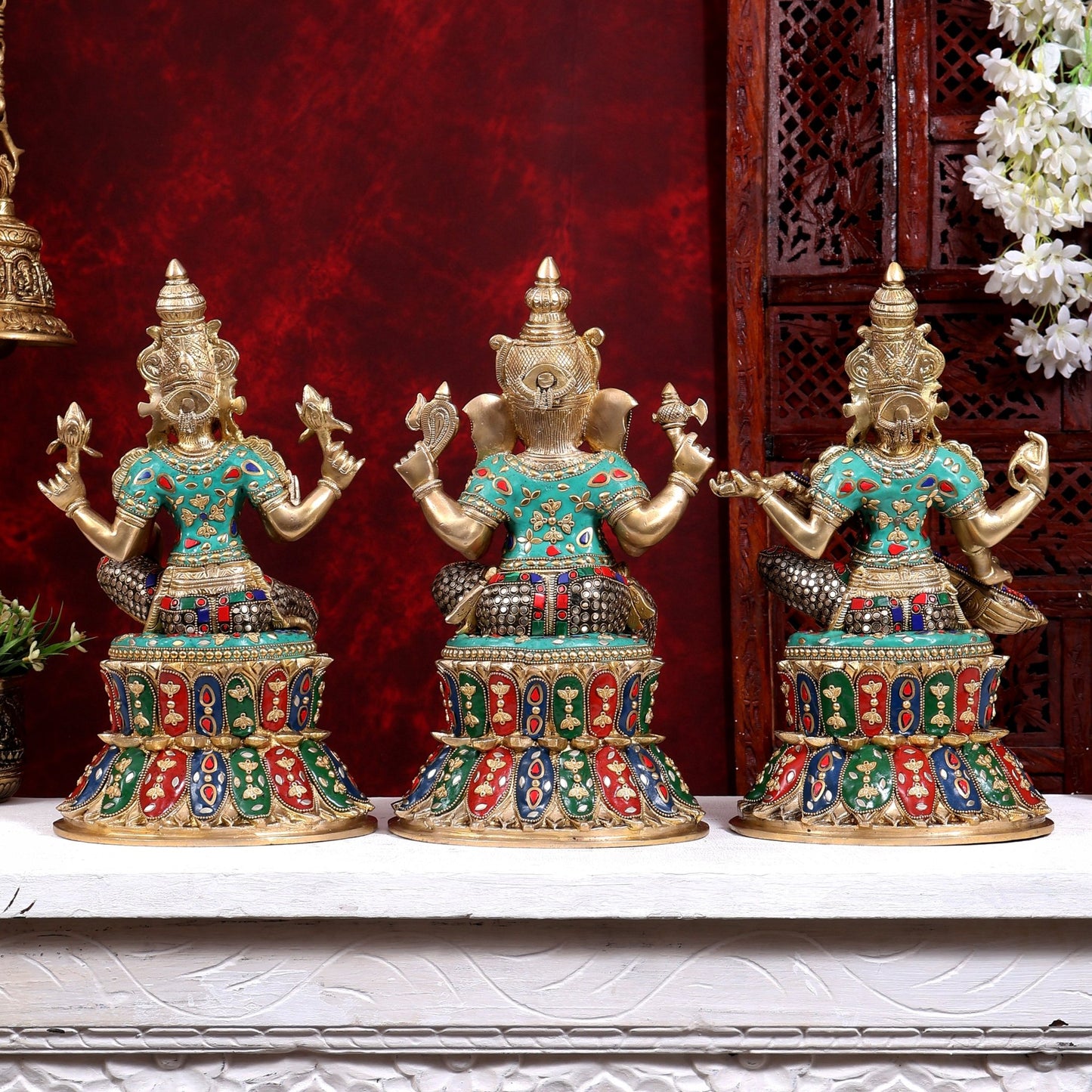 Brass Ganesha, Lakshmi, and Saraswati Idols on Lotus Base 15 inch - Budhshiv.com