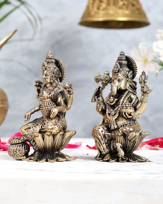 Brass Ganesha Lakshmi Idol Set on Lotus Base 4 inch - Budhshiv.com