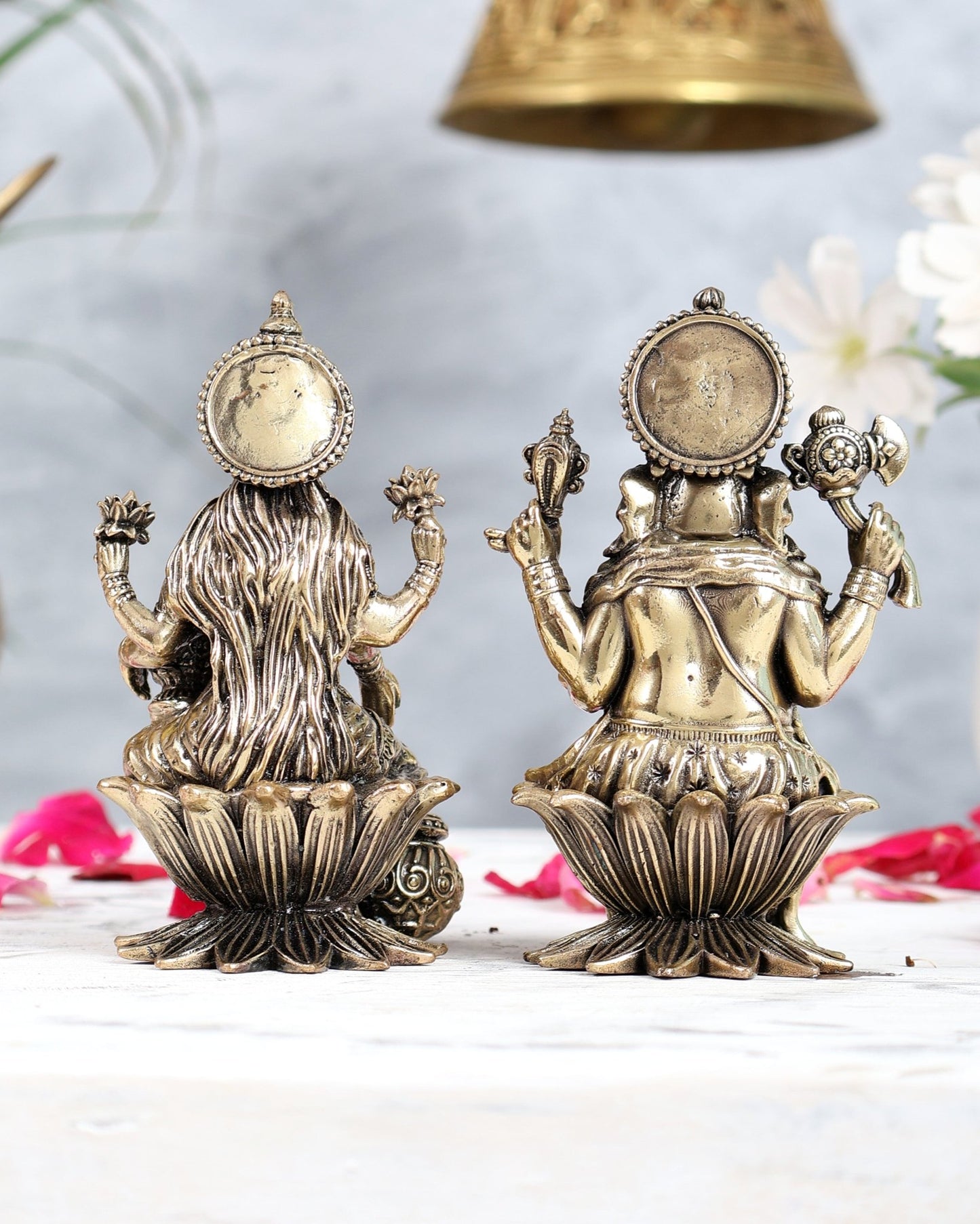 Brass Ganesha Lakshmi Idol Set on Lotus Base 4 inch - Budhshiv.com
