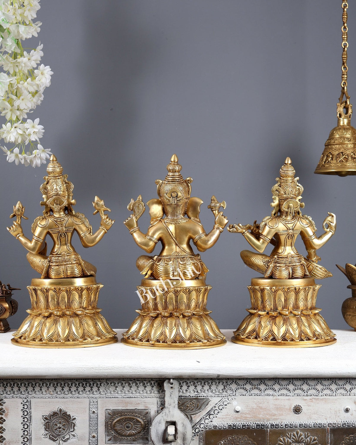 Brass Ganesha Lakshmi Saraswati Idols 15" large - Budhshiv.com