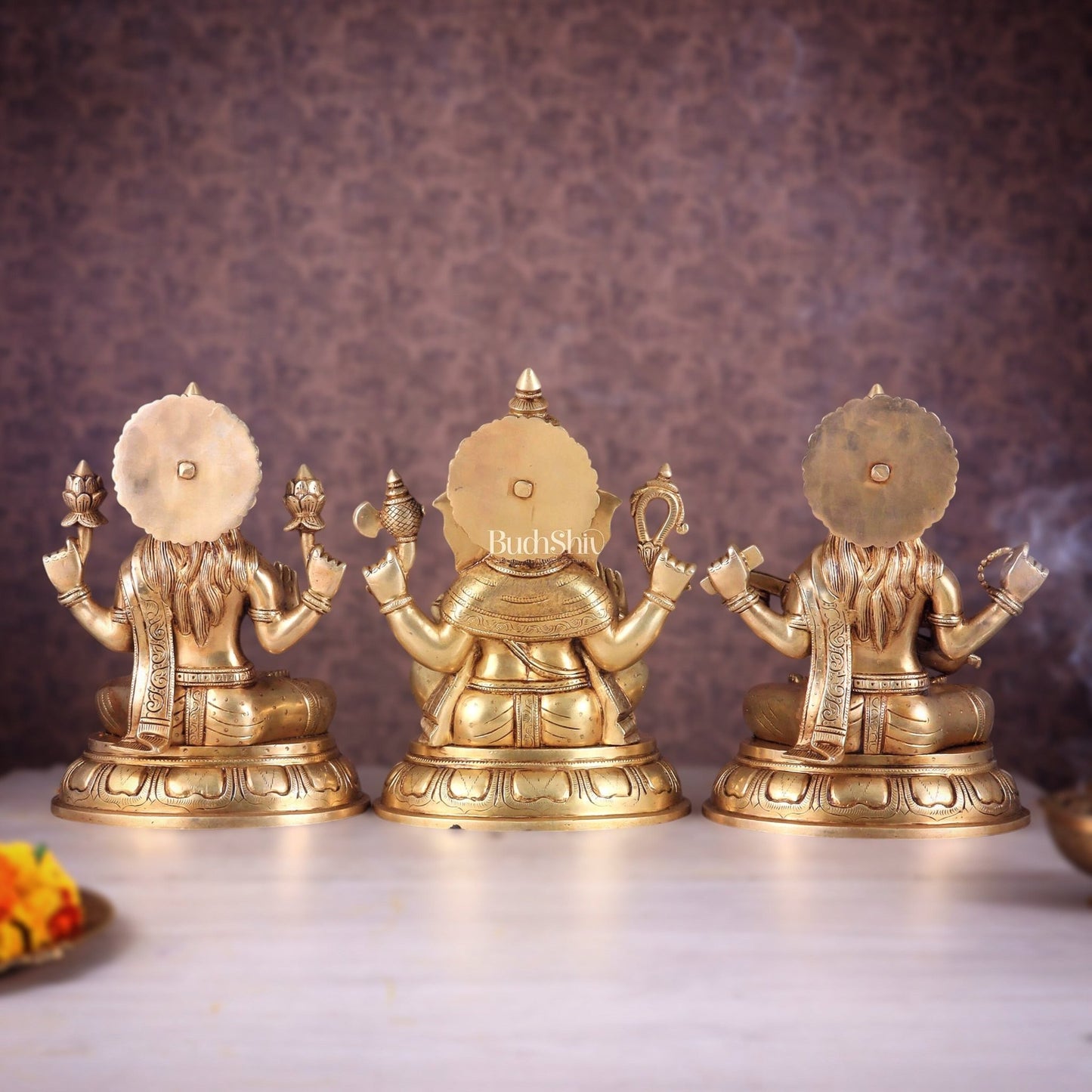 Brass Ganesha Lakshmi Saraswati idols Set 14" - Budhshiv.com