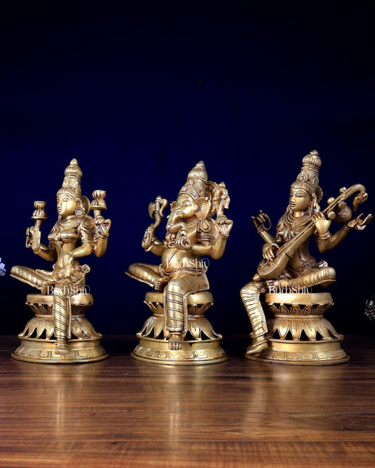 Brass Ganesha Lakshmi Saraswati Set | 12" Lotus Base Trio - Budhshiv.com