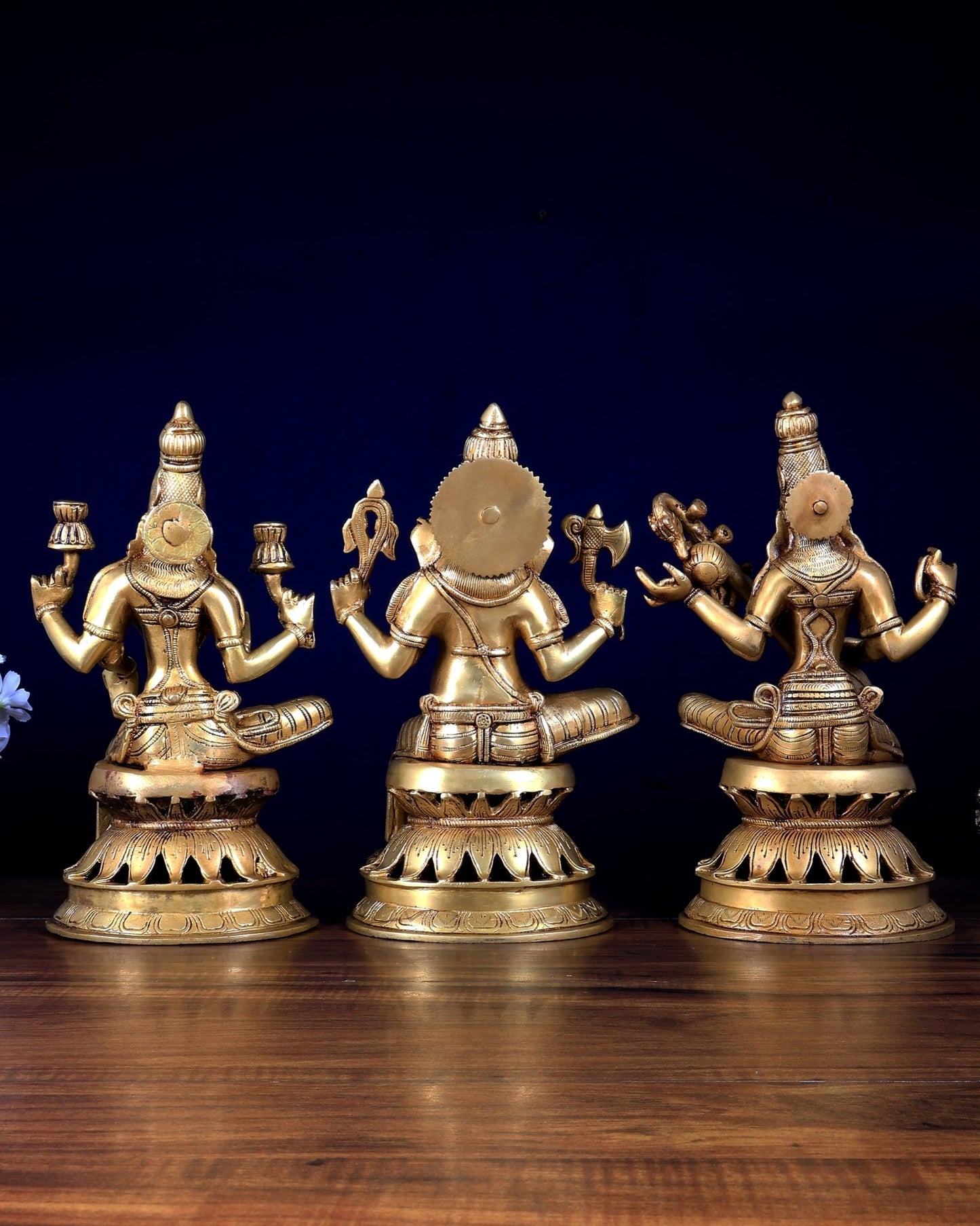 Brass Ganesha Lakshmi Saraswati Set | 12" Lotus Base Trio - Budhshiv.com