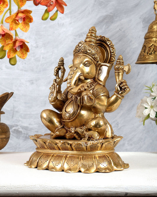 Brass Ganesha on Lotus Statue – Highly Detailed Divine Ganpati Idol (12 Inches) - Budhshiv.com