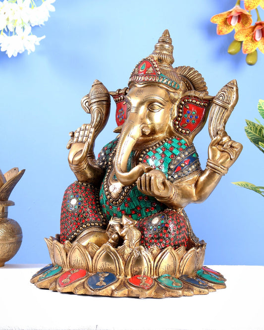 Brass Ganesha on Lotus Statue with Stonework – Grand Handcrafted Divine Sculpture (14.5 Inches) - Budhshiv.com
