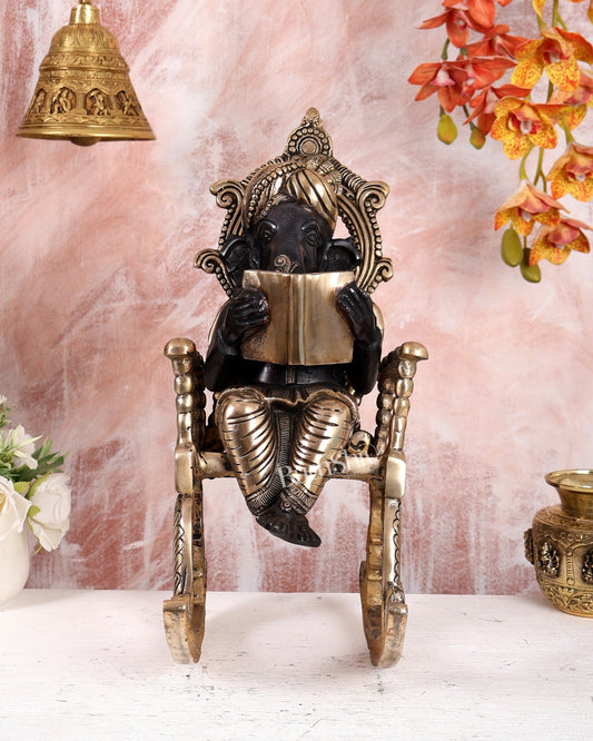Brass Ganesha on Rocking Chair Reading Book – Black Edition Handcrafted Statue (17.5 Inches) - Budhshiv.com