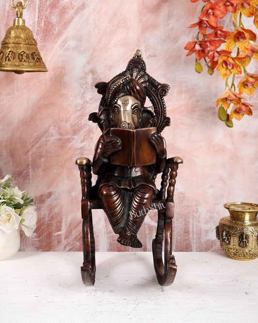 Brass Ganesha on Rocking Chair Reading Book – Brown Tone Handcrafted Statue (17.5 Inches) - Budhshiv.com