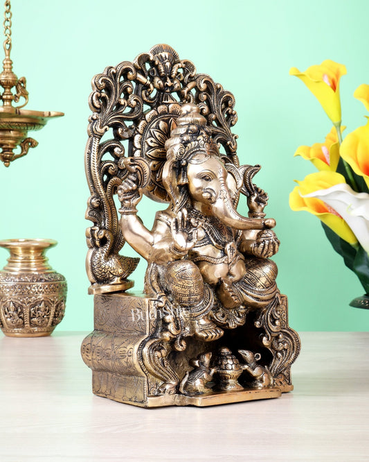 Brass Ganesha on Throne Statue | 13 Inch Unique Design (7.2 Kg) - Budhshiv.com