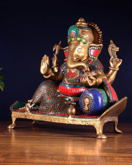 Brass Ganesha resting Statue with Stonework - 16 Inch - Budhshiv.com