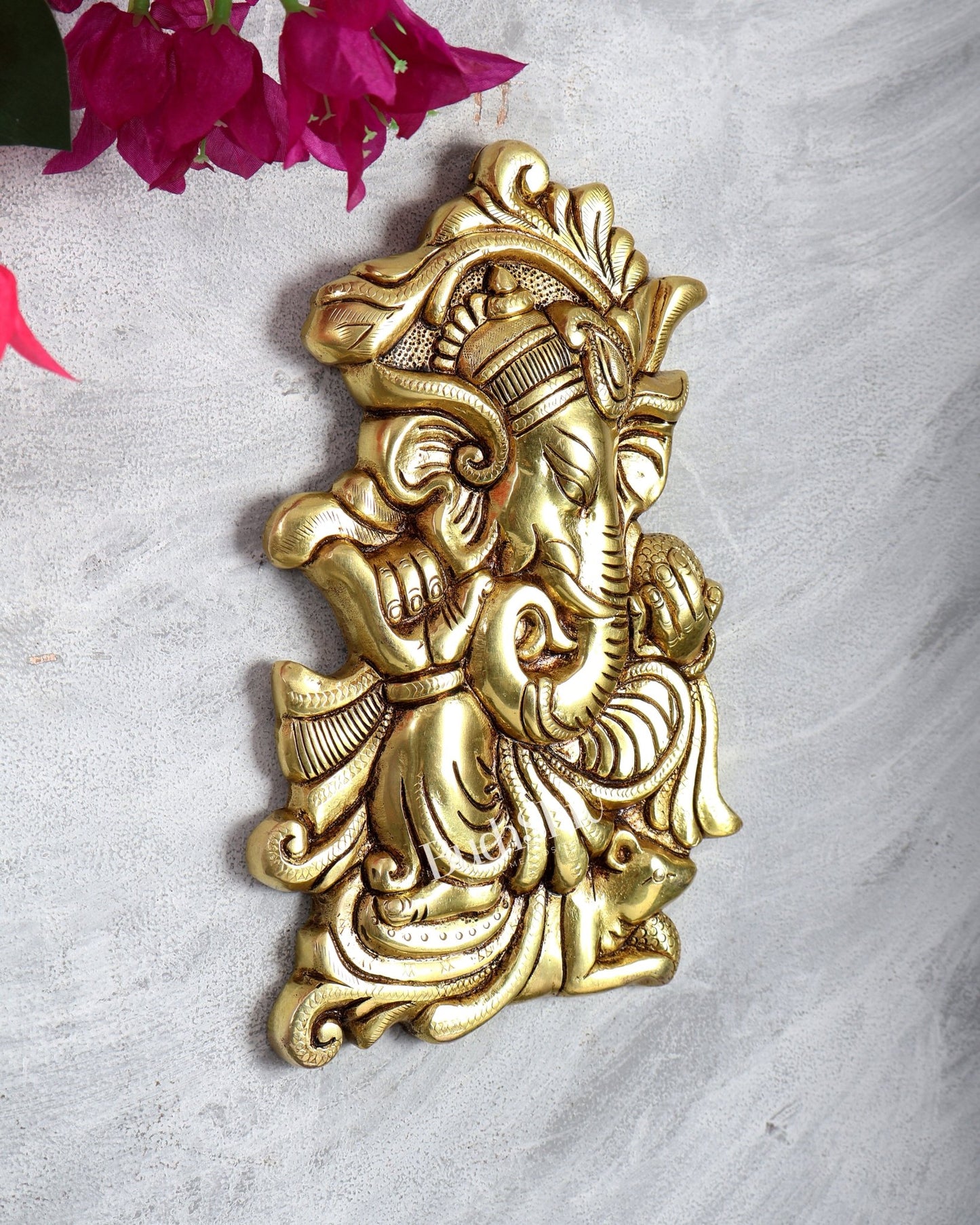 Brass Ganesha Sitting on Mouse Wall Hanging – Auspicious Handcrafted Lord Ganapati Wall Décor 10 inch - Budhshiv.com