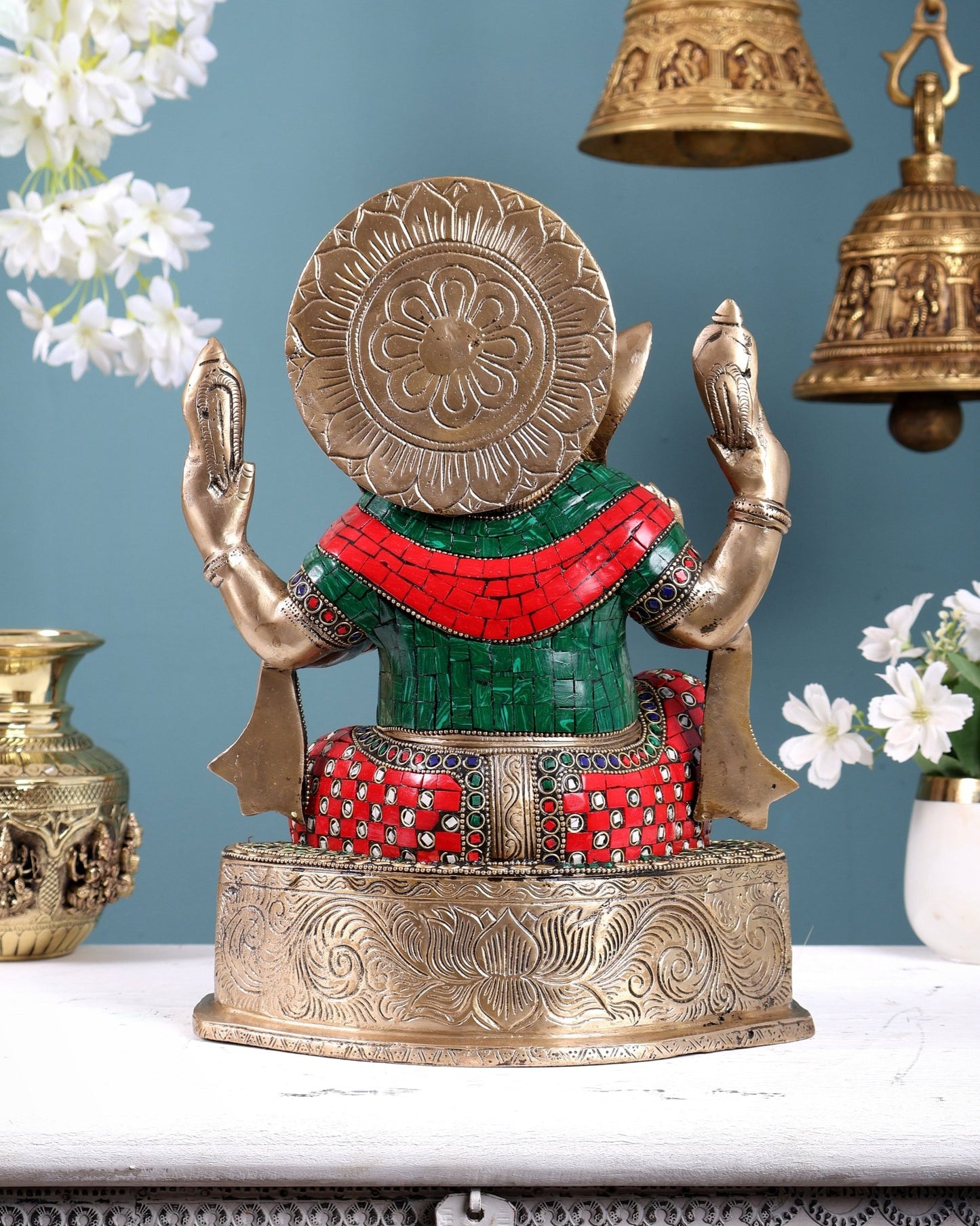 Brass Ganesha Statue | 12 - inch with stonework - Budhshiv.com