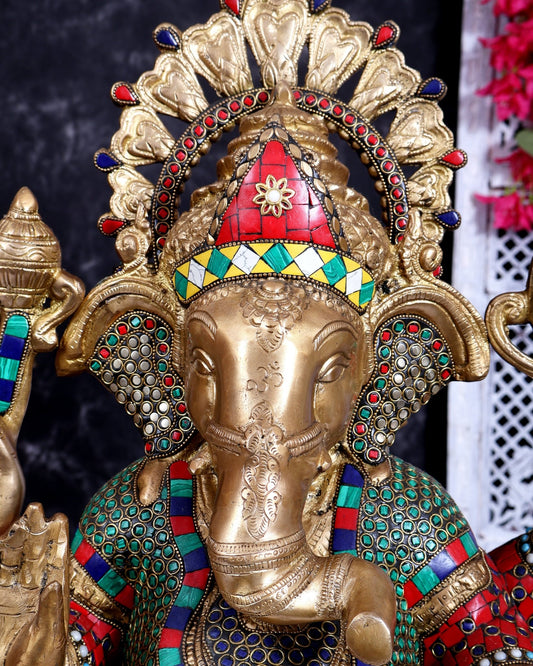 Brass Ganesha Statue 20 inch with Stonework - Budhshiv.com