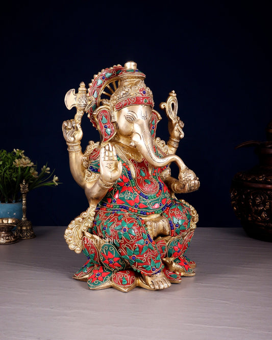 Brass Ganesha Statue on Lotus floral stonework - 12" - Budhshiv.com