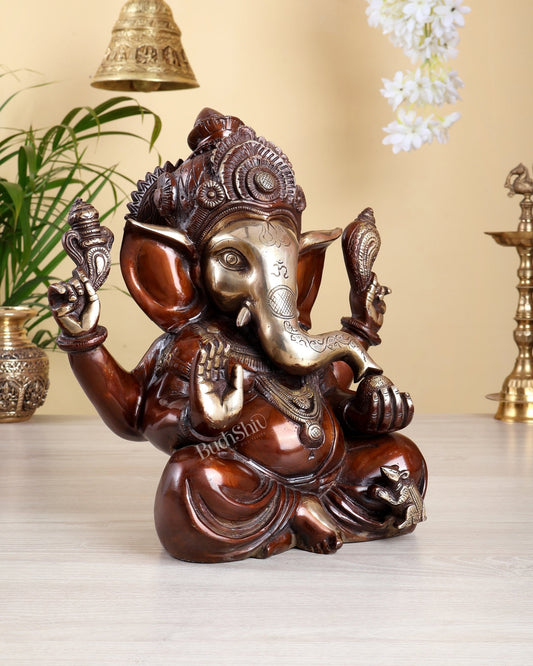 Brass Ganesha Statue – Sharp Features in a glossy dual Finish 13 inch - Budhshiv.com