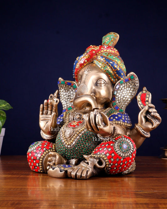 Brass Ganesha statue wearing a turban idol 14" meenakari Stonework - Budhshiv.com