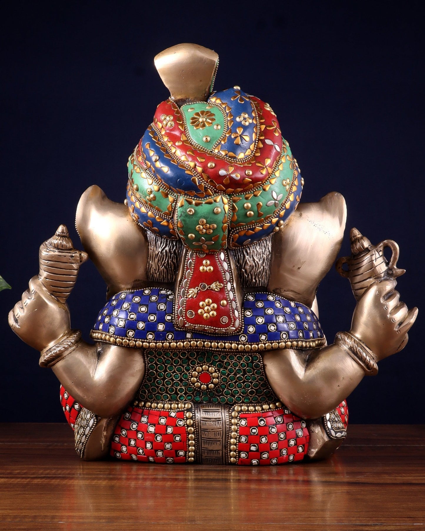 Brass Ganesha statue wearing a turban idol 14" meenakari Stonework - Budhshiv.com