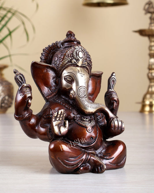 Brass Ganesha Statue with a glossy dual tone 6" - Budhshiv.com