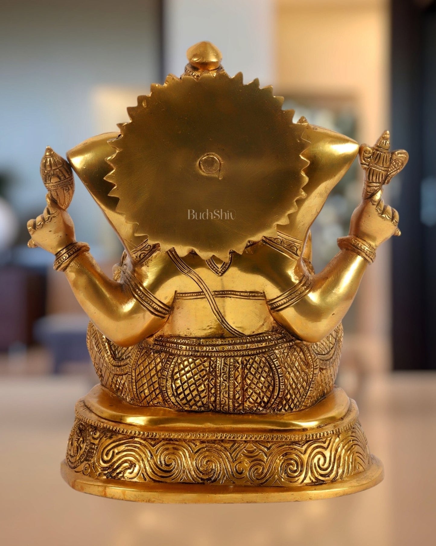Brass Ganesha Statue with Ashtavinayaka carvings 11 inch - Budhshiv.com