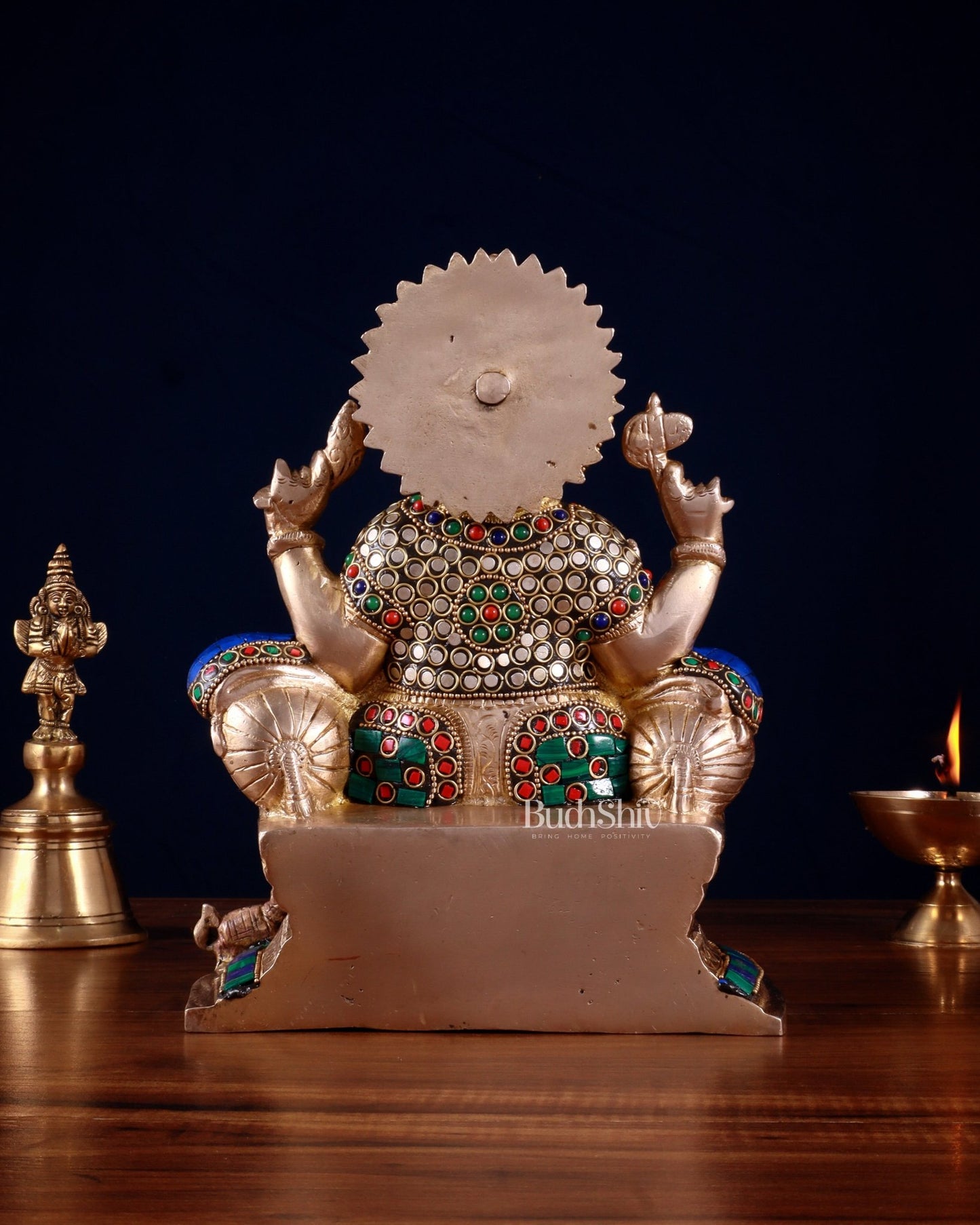 Brass Ganesha statue with Meenakari Stonework | 10" Height - Budhshiv.com