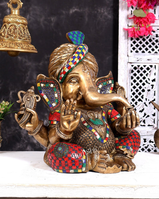 Brass Ganesha statue with stonework 14 inch - Budhshiv.com