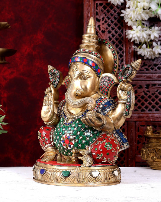 Brass Ganesha Statue with Stonework — Sharp Features 14 inch - Budhshiv.com