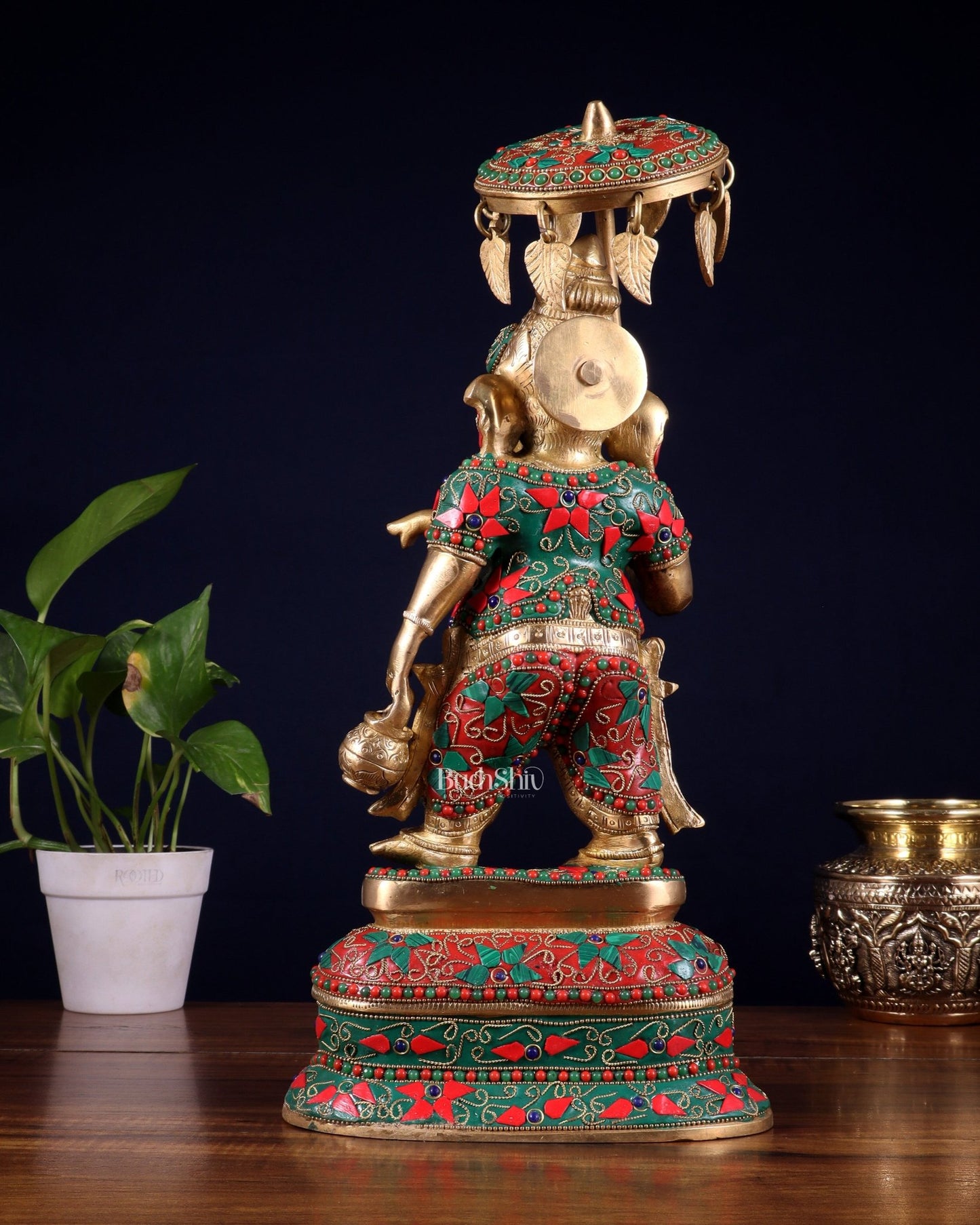 Brass Ganesha Statue with umbrella and kamandal | 15" with floral stonework - Budhshiv.com