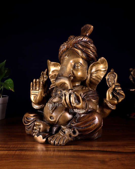 Brass Ganesha vintage statue wearing a turban idol 14" - Budhshiv.com