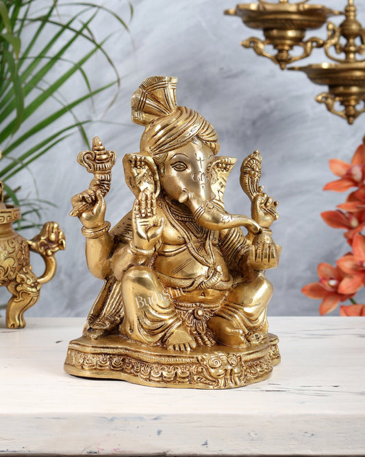 Brass Ganesha Wearing Turban Pagadi Idol - 8.5" - Budhshiv.com
