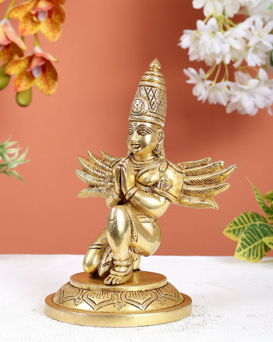 Brass Garuda Statue Sitting with Open Wings – Divine Vahana Sculpture (8 Inches) - Budhshiv.com