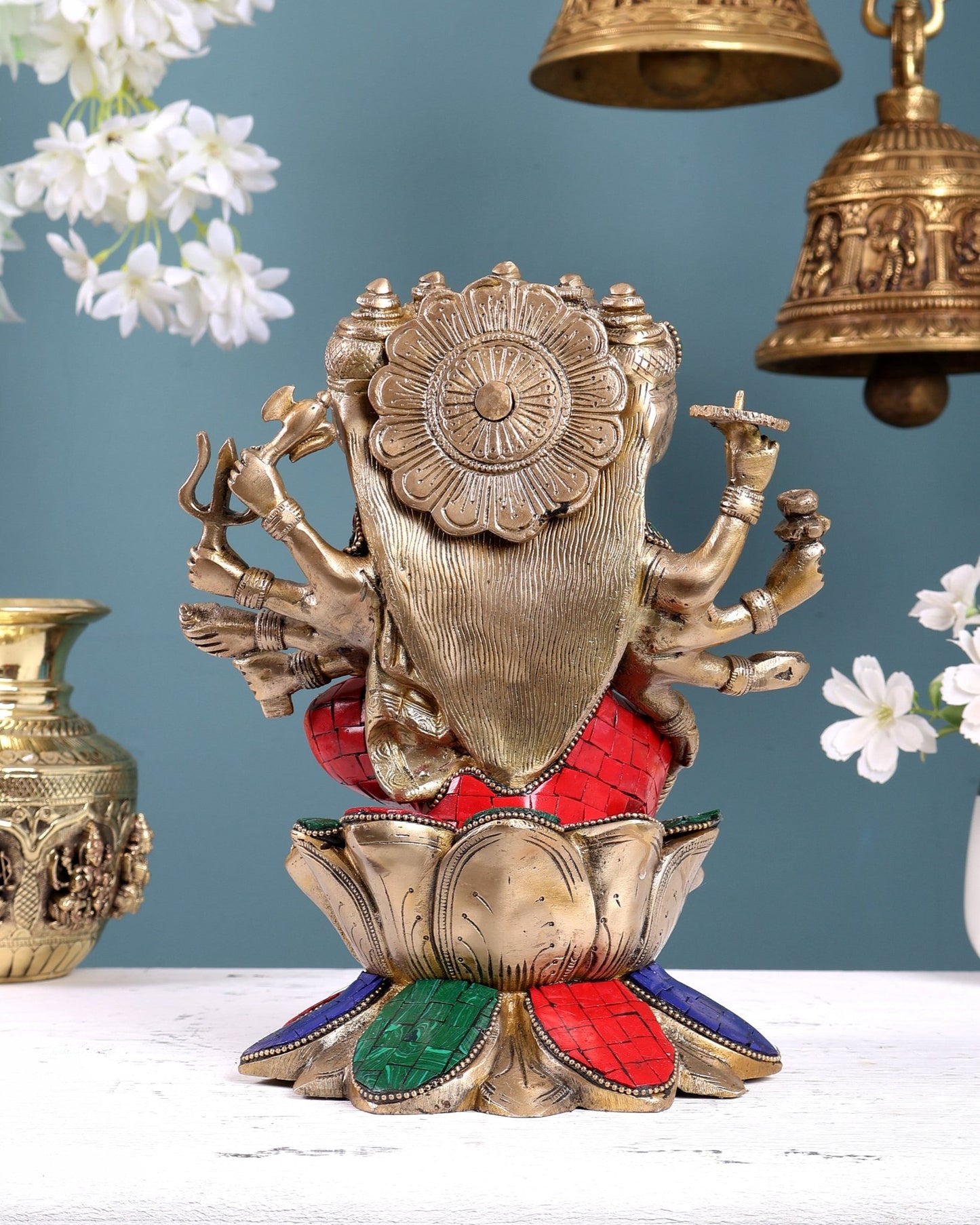Brass Gayatri Devi Idol – Five Faces & Ten Arms Seated on Lotus 9 inch with Stonework - Budhshiv.com
