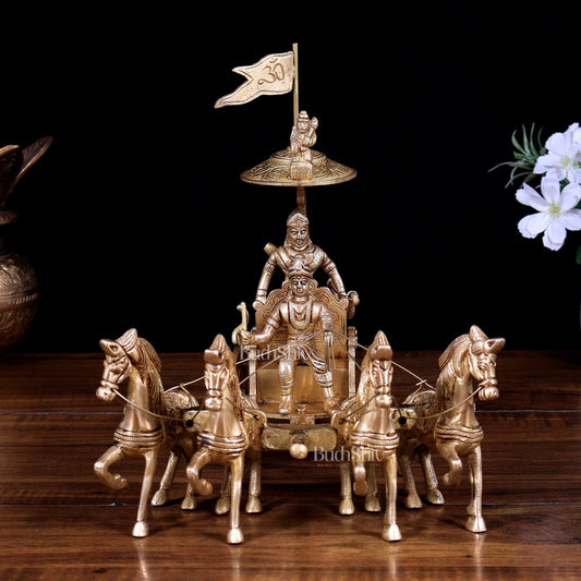 Brass Geeta Updesh Krishna and Arjun Rath Idol 9.5 inch - Budhshiv.com