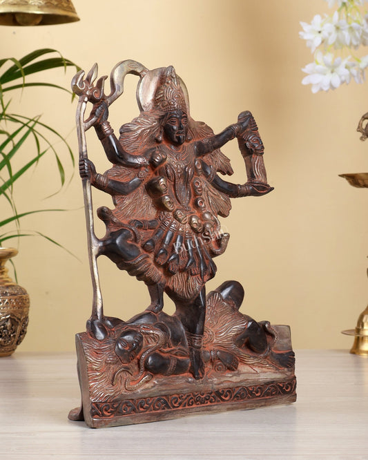 Brass Goddess Kali 12" Tabletop Mural – Black & Red Finish Kali Sculpture - Budhshiv.com