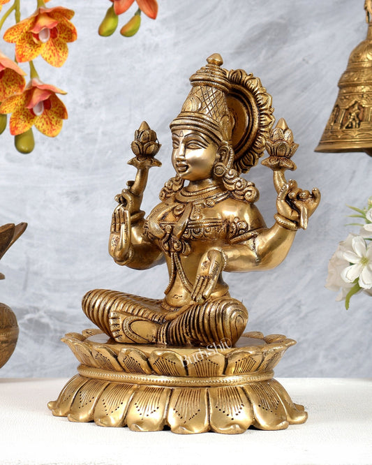 Brass Goddess Lakshmi on Lotus Statue – Highly Detailed Mahalakshmi Idol (12 Inches) - Budhshiv.com