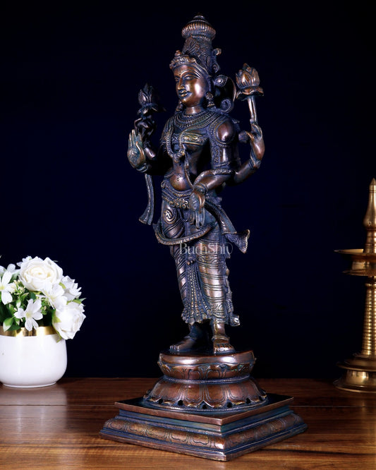 Brass Goddess Lakshmi Statue - 17.5" bronze tone - Budhshiv.com
