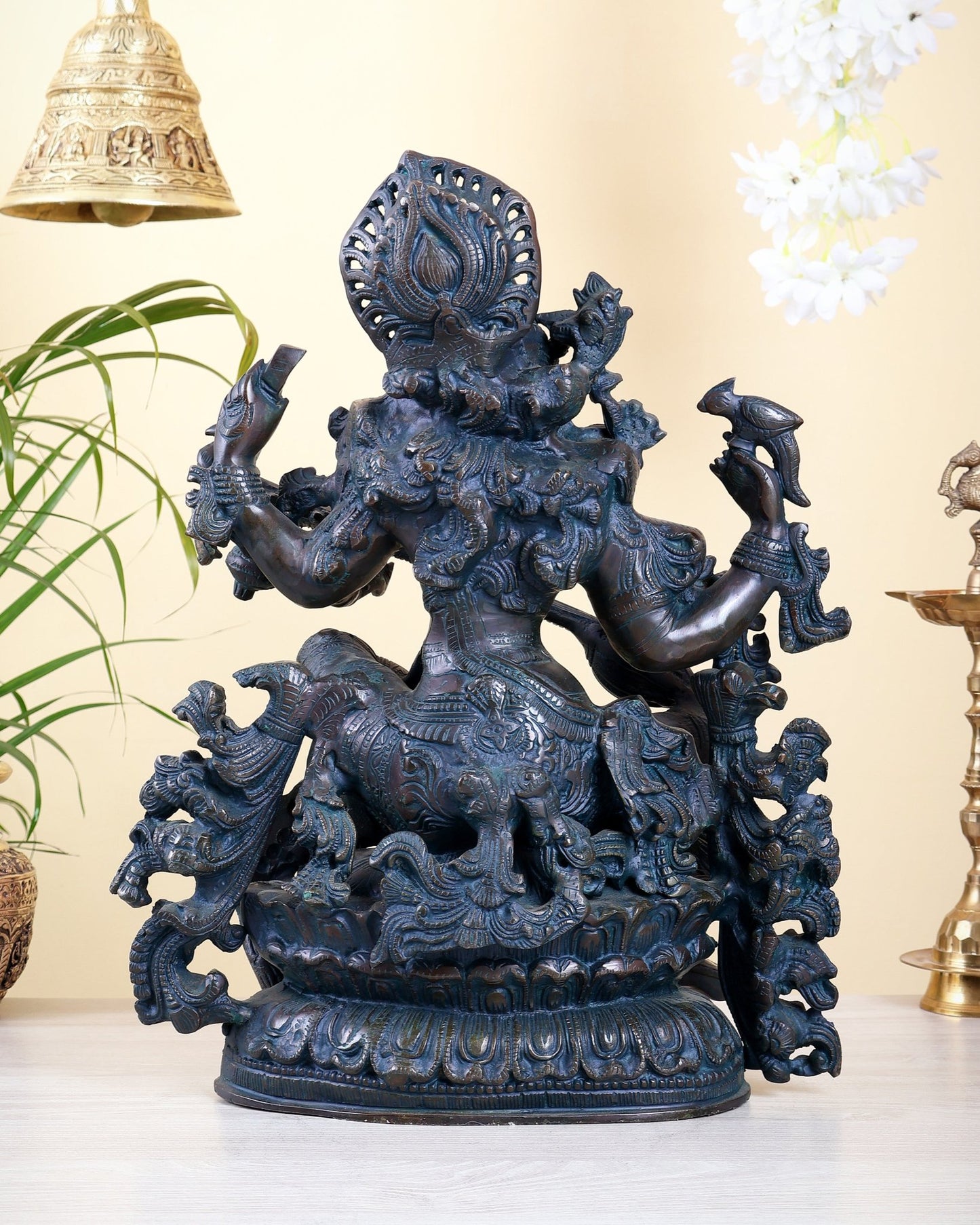 Brass goddess Saraswati Idol unique finish - 16" majestic console sculpture - Budhshiv.com