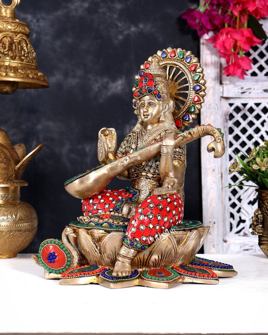 Brass Goddess Saraswati Sitting on Lotus with Swan | 11 Inch with meenakari Stonework - Budhshiv.com