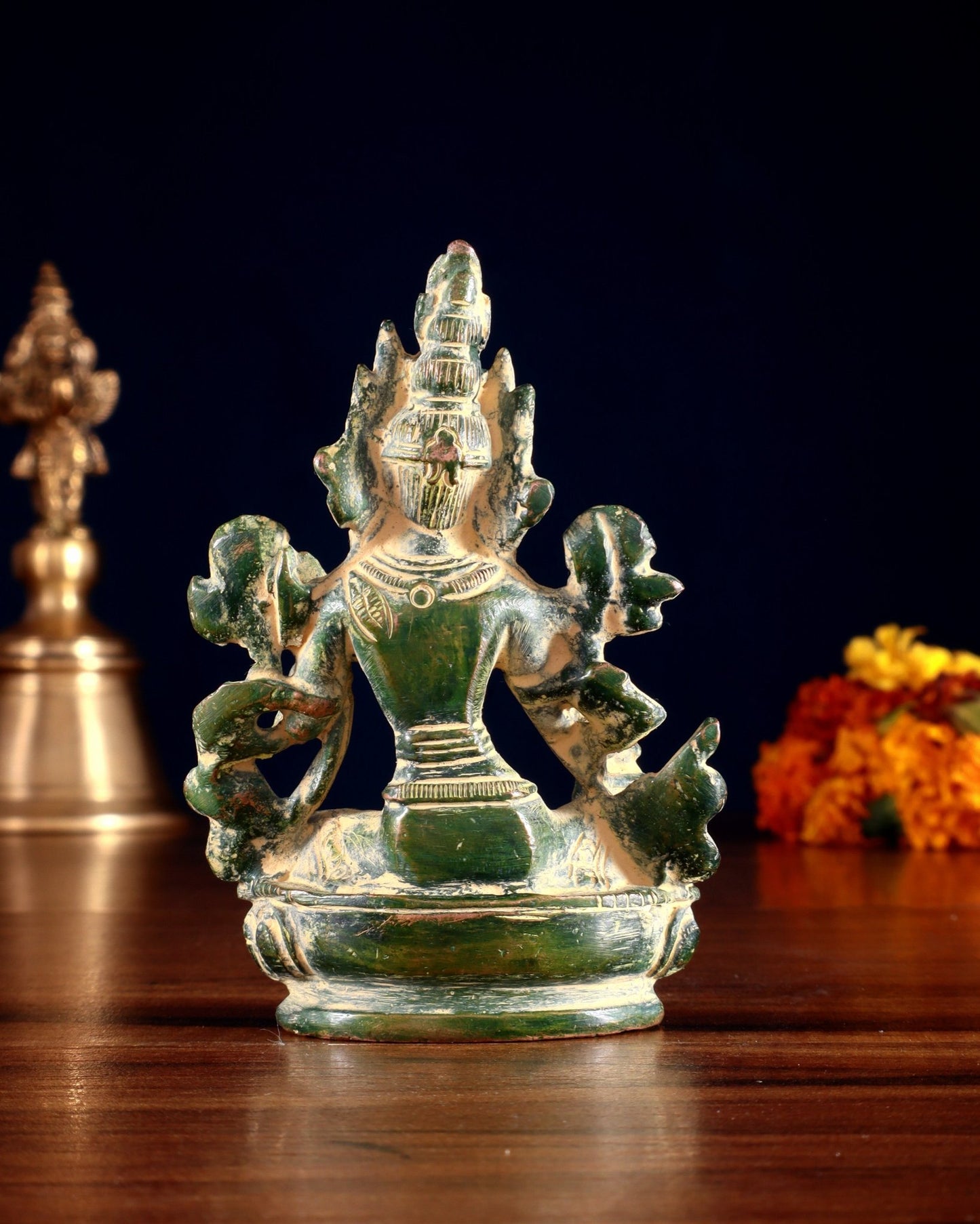 Brass Green tara devi statue 3" green sand finish - Budhshiv.com