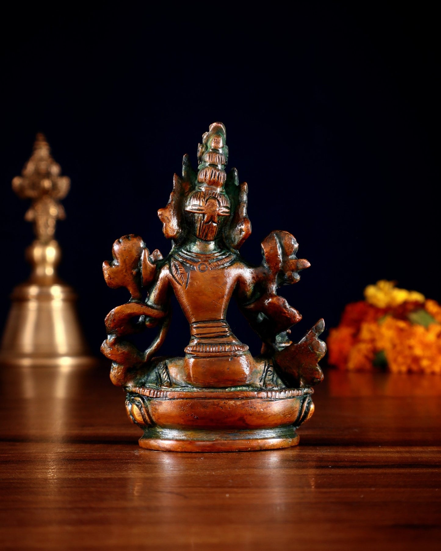 Brass Green tara devi statue 3" Nepalese orange tone - Budhshiv.com