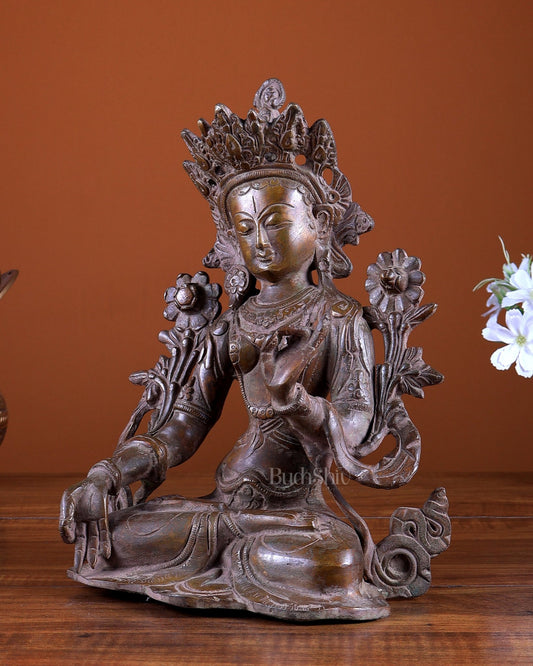 Brass Green Tara Statue 10 inch copper tone - Budhshiv.com