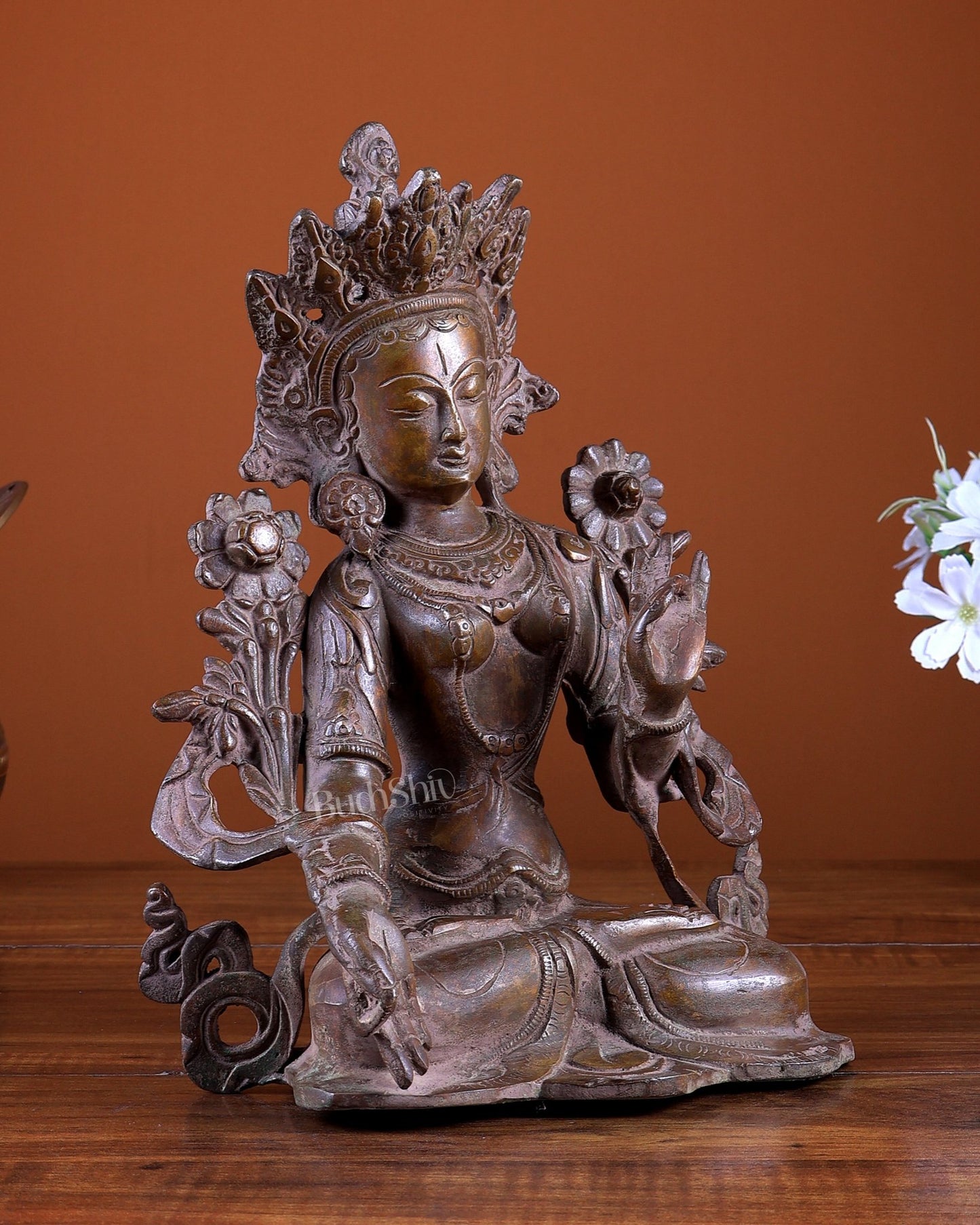 Brass Green Tara Statue 10 inch copper tone - Budhshiv.com