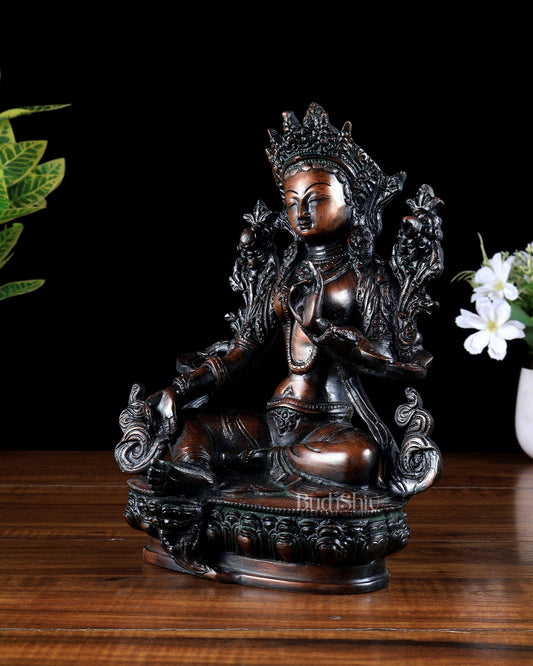 Brass Green Tara Statue – Black sand tone 9 inch - Budhshiv.com