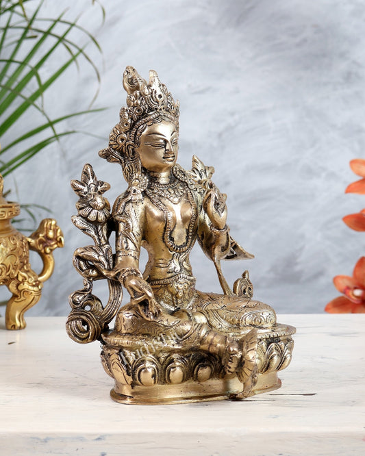 Brass Green Tara Statue | Tibetan Buddhist Compassion Goddess Sculpture 8" - Budhshiv.com