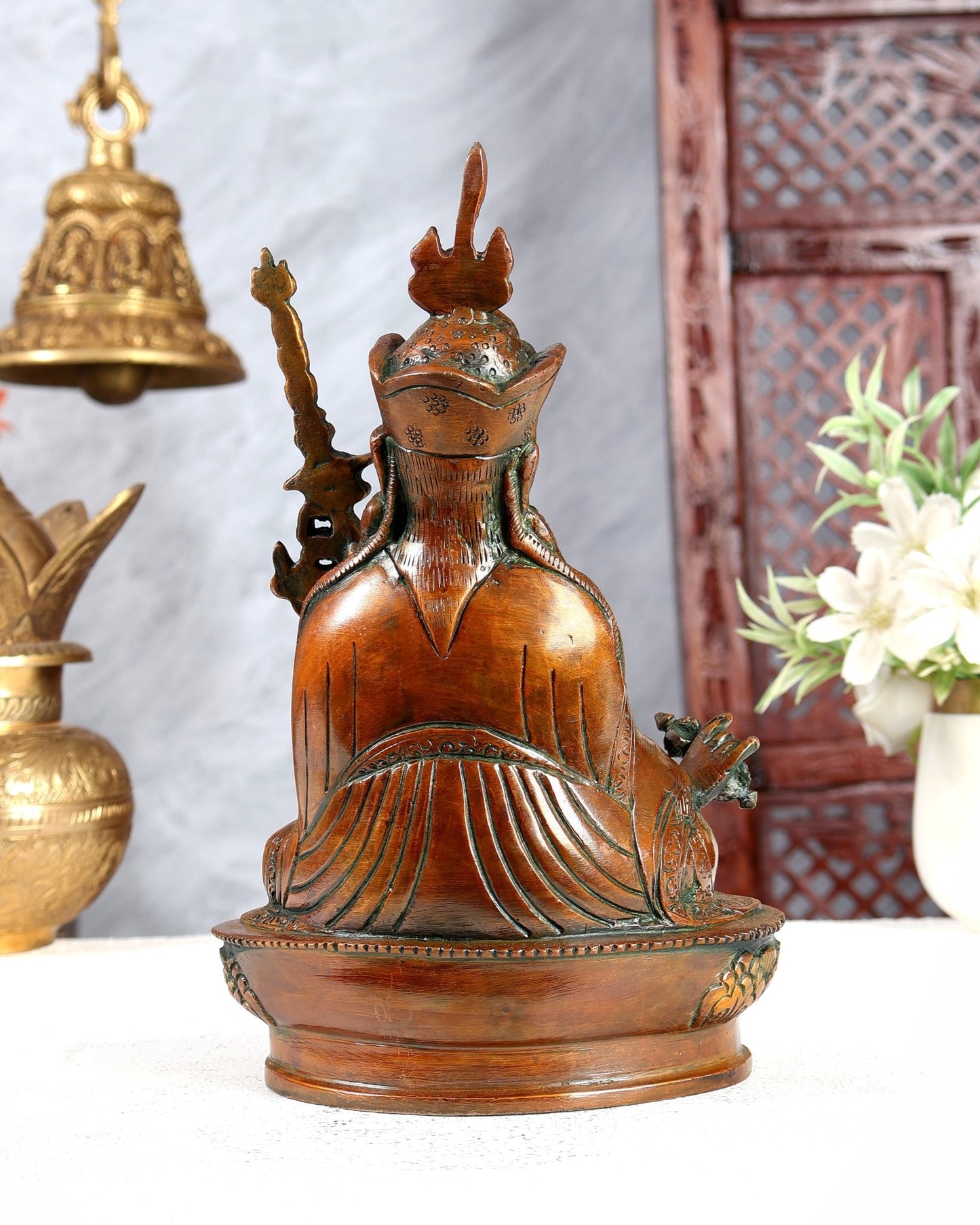 Brass Guru Rinpoche (Padmasambhava) Buddhist Guru Idol 9 inch Nepalese orange tone - Budhshiv.com