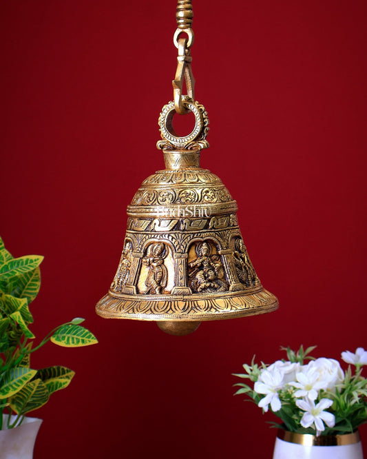 Brass Handcrafted Krishna & Radha - Krishna Motif Hanging Temple Bell - Budhshiv.com