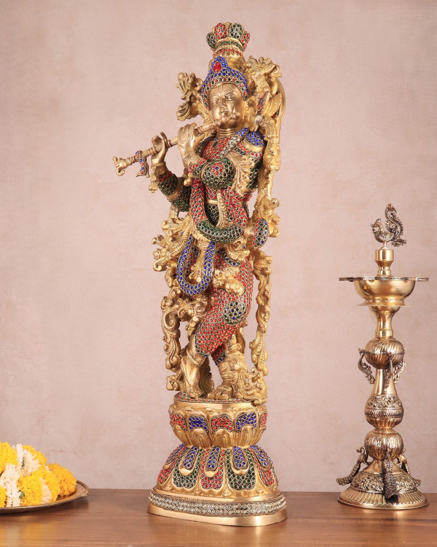 Brass Handcrafted Krishna Statue - 30" jewel work - Budhshiv.com